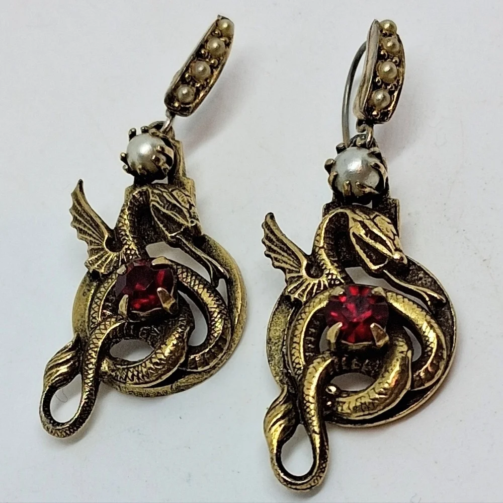 * Victorian Vintage Bronze Tone Dragon Earrings